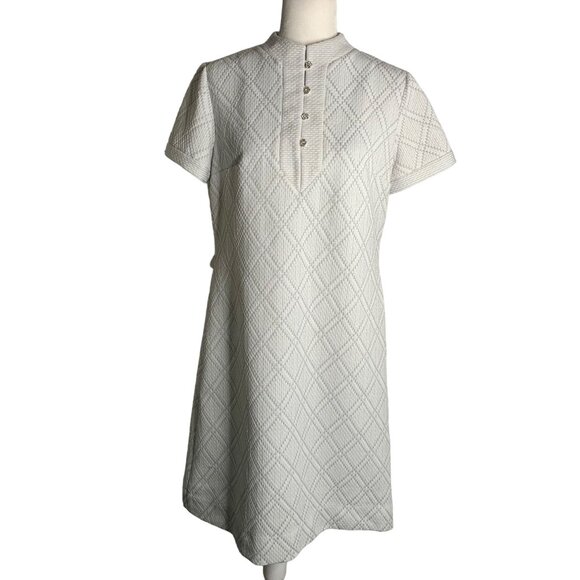 Vintage 60s R&K Knits Mod Sheath Dress M White Metallic Silver Rhinestones Zip - Picture 1 of 7